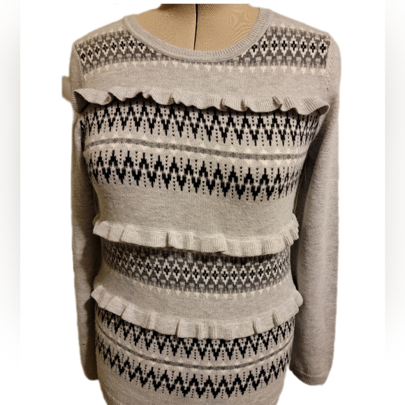🔖🎄👉Talbots Fair Isle Wool Sweater Sz M Gray Ruffle detail - Picture 5 of 7